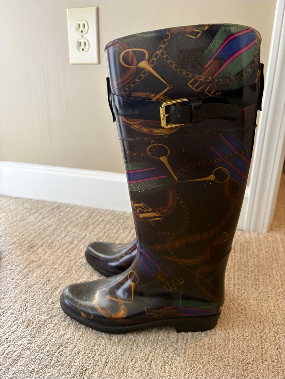 Ralph Lauren Patterned Tall Rain Boots with Buckle